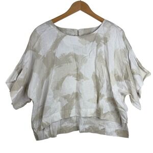 PURE DKNY Linen Blend XL Abstract Natural Brushstroke Short Sleeve Blouse